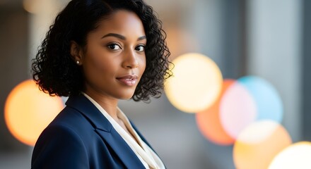 Young Black businesswoman working on laptop in modern office, diverse team collaborating in background
