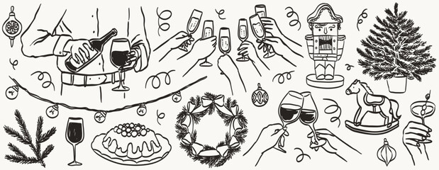Obraz premium Line drawing of Christmas or new year decorations. Hands hold glasses with white sparkling wine or champagne. Cheers vector illustration of people, family, employees celebrating winter holidays.