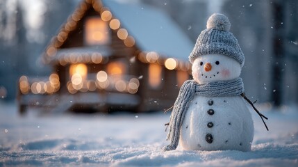 Snowman stands cheerfully in front of cozy wooden cabin during winter evening