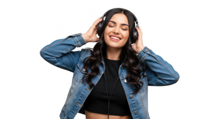 Young woman enjoying music with headphones eyes closed in denim jacket