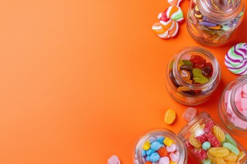colorful candies in glass jars on an orange background