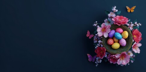 easter eggs in a nest with flowers and butterflies