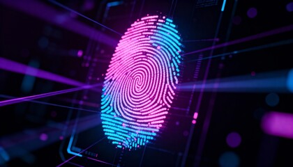 Abstract digital fingerprint hologram in neon pink and blue, cyber identity protection, dark tech background