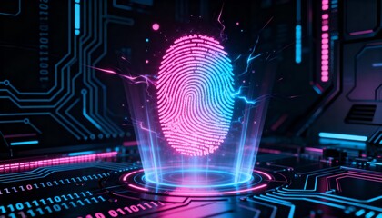 Abstract digital fingerprint hologram in neon pink and blue, cyber identity protection, dark tech background