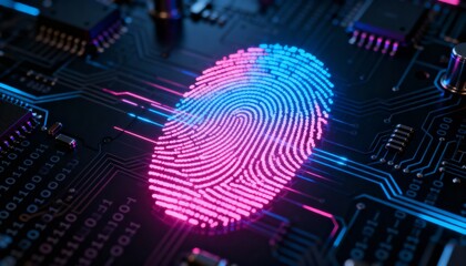 Abstract digital fingerprint hologram in neon pink and blue, cyber identity protection, dark tech background