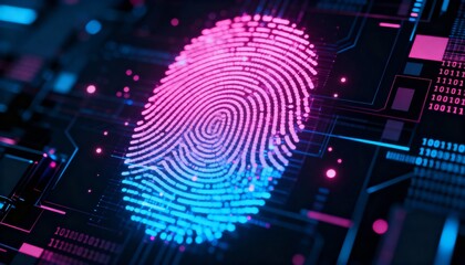 Abstract digital fingerprint hologram in neon pink and blue, cyber identity protection, dark tech background