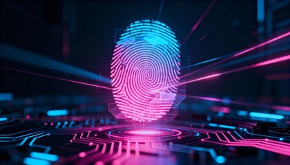 Abstract digital fingerprint hologram in neon pink and blue, cyber identity protection, dark tech background