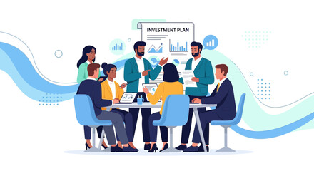 Diverse team collaboration discussing investment plan, financial strategy and growth analysis for