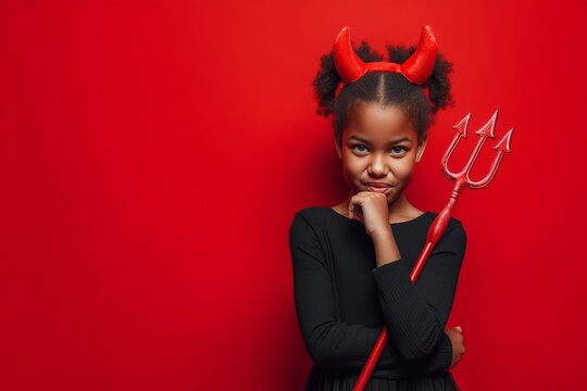 Girl in black dress with red devil horns and trident posing thoughtfully against a red background - Powered by Adobe