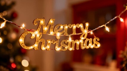 Close-up shot of a "Merry Christmas" sign made of gold glitter material, illuminated by small, warm white lights strung along a thin wire. - Powered by Adobe
