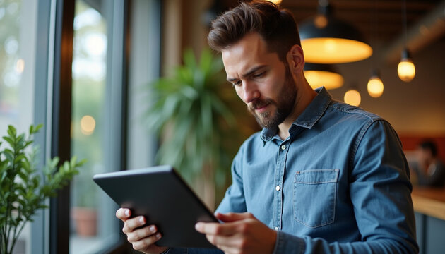 Man Using Tablet Indoors in Modern Lifestyle Setting