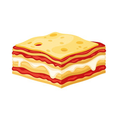 A cartoon illustration of a square slice of Italian lasagna with layers of pasta, tomato sauce, and white cheese sauce.