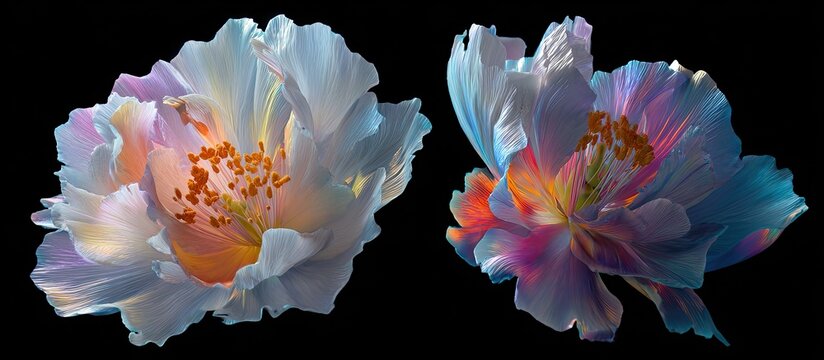 Two iridescent, light flowers bloom against black