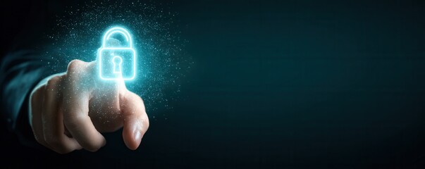hand of a business person touching a digital padlock icon
