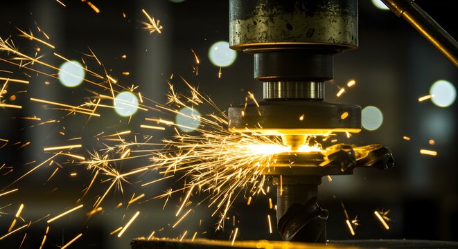Close-up of metalworking with sparks flying from a machine.