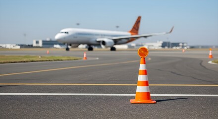 Fototapeta premium An orange and white safety cone with a warning light on an airport tarmac with a passenger jet in the background.