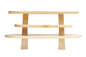 Rustic wooden three tier display shelf isolated on transparent background