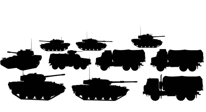 Collection of silhouette military tanks and trucks for warfare and transportation themes Flat design vector illustration white background.