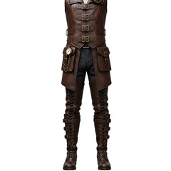 Steampunk leather outfit with buckles and pockets isolated on transparent background
