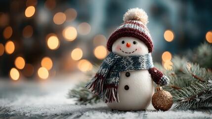 Cheerful snowman wearing a hat and scarf with golden ornament in winter setting