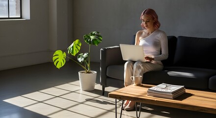Young Woman Enjoying Coffee on a Sunny Balcony with City View