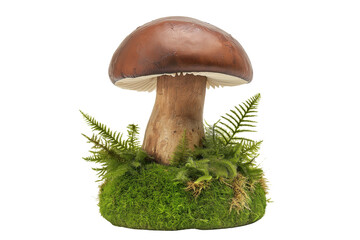 Realistic Boletus Mushroom with Moss, Fern Leaves, and Pine Needles Isolated on Transparent Background