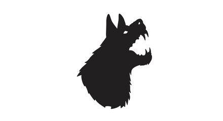 Fierce black silhouette of a wolf head with jagged teeth baring its fangs Flat design vector illustration white background.