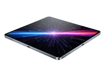 Photorealistic macro close-up of a silver digital tablet with brushed metallic finish, ultra-res screen showing glowing fractal nebula, isolated on transparent, cutting-edge technology concept
