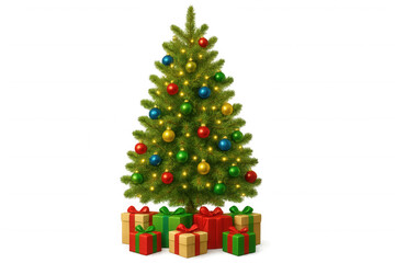 Naklejka premium Christmas tree with glowing lights, colorful baubles, and festive gift boxes, celebrating holiday season on transparent background