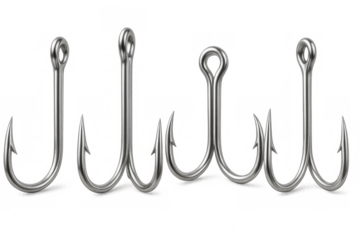 Realistic fishing hooks and treble hooks on transparent background