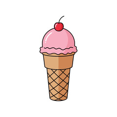 A simple cartoon illustration of a pink ice cream cone with a red cherry on top.
