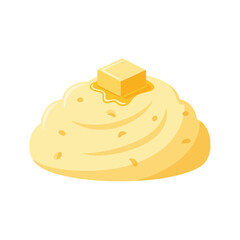 Illustration of mashed potatoes with a melting butter cube on top, isolated on white.