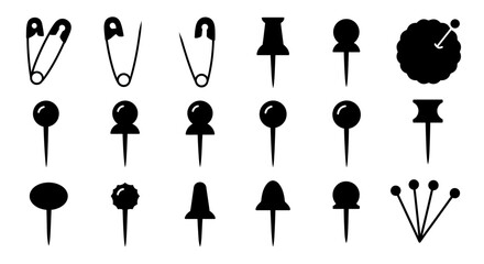 Collection of various pins including safety pins and push pins for office and crafting Flat design vector illustration white background.