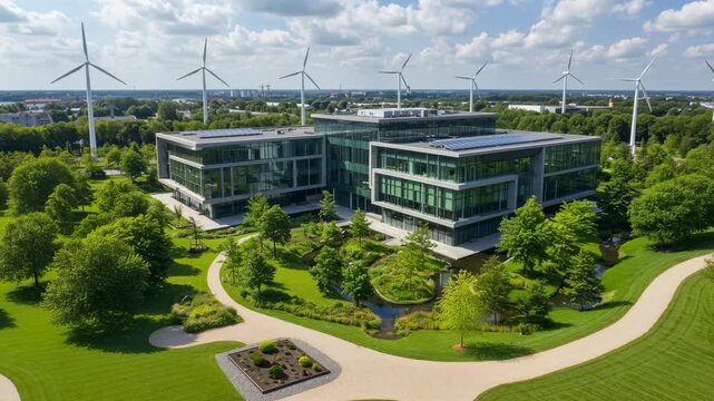 Modern office building with solar panels and surrounding green landscape, showcasing sustainable architecture for eco friendly business campus footage.