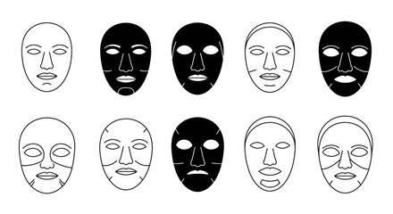 Abstract human face masks collection diverse expressions and styles artistic representation of identity Flat design vector illustration white background.