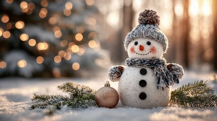 Obraz premium Snowman stands cheerfully in snowy landscape during winter holiday season with twinkling lights