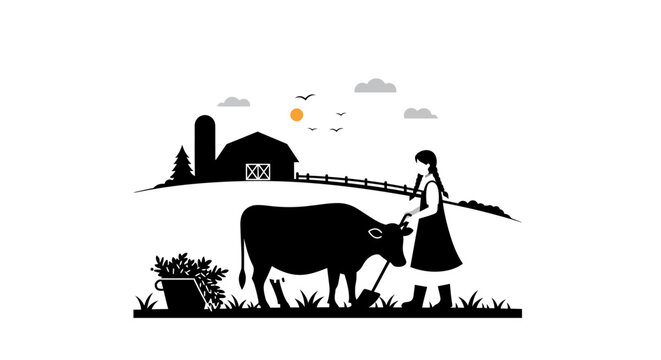 Rustic farm silhouette featuring cow girl barn and produce bucket for country scenes Flat design vector illustration white background.