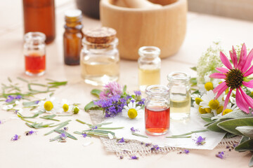Variety of aroma essential oils in glass bottles with aromatic flowers on natural background, copy space, natural cosmetic, skin treatment, aromatherapy and menopause health concept