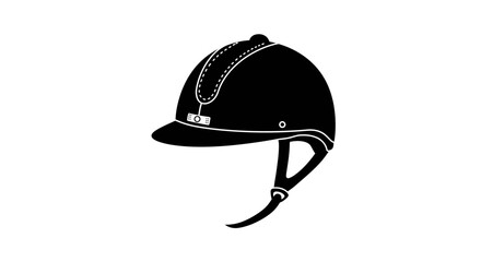 Glossy black equestrian riding helmet with chin strap safety gear for horseback riding Flat design vector illustration white background.