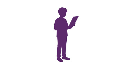 Silhouette of a person in purple holding a book or tablet standing still and focused Flat design vector illustration white background.