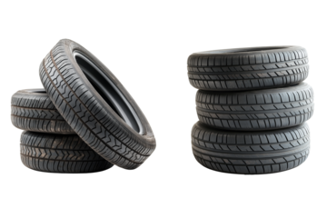 Stack of Worn Used Car Tires with Tread Patterns Isolated on Transparent Background. Pile of Old Vehicle Tires Showing Realistic Rubber Texture Isolated PNG.