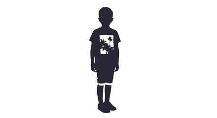 Silhouette of a young boy wearing a t-shirt and shorts standing still full body view Flat design vector illustration white background.