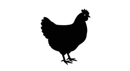 Black silhouette of a standing chicken with detailed feathers and legs Flat design vector illustration white background.