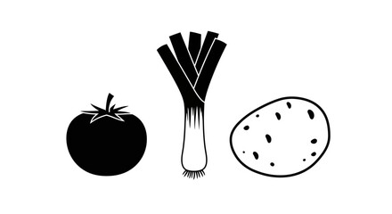 Simple silhouette artwork of tomato leek and potato fresh produce ready for cooking healthy food Flat design vector illustration white background.