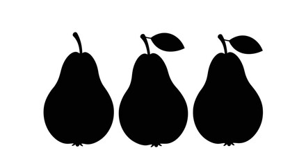 Three black silhouettes of ripe pears with leaves perfect for healthy food design and autumn themes Flat design vector illustration white background.