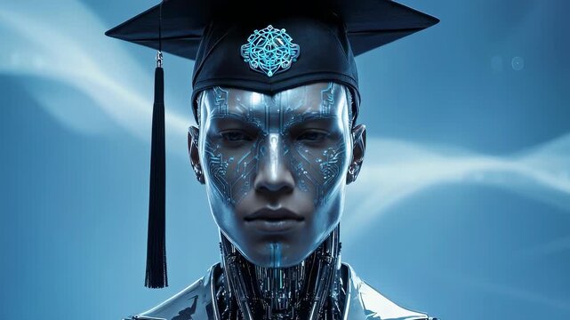 Futuristic humanoid cyborg wearing graduation cap with illuminated circuit patterns representing artificial intelligence and digital education
