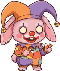 Creepy cartoon bunny dressed as clown jester holding candy corn for spooky Halloween vector illustration character design