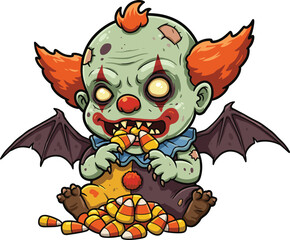 Creepy zombie clown baby with bat wings eating Halloween candy corn in scary horror cartoon festive illustration design