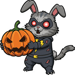 Scary rabbit in superhero costume holding glowing jack o’lantern pumpkin with red eyes Halloween spooky cartoon illustration
