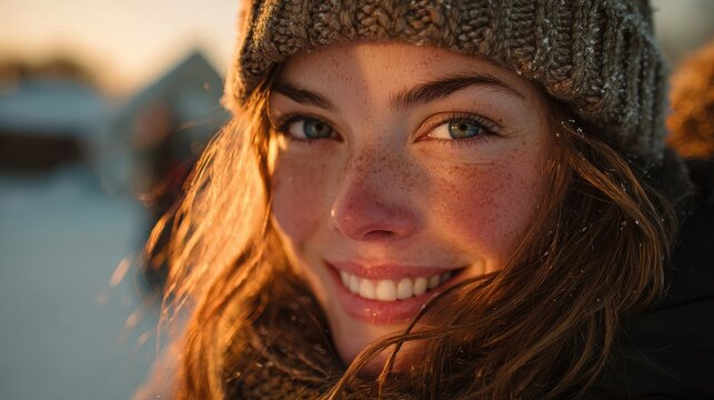 Joyful woman smiles warmly during winter sunset in snowy landscape